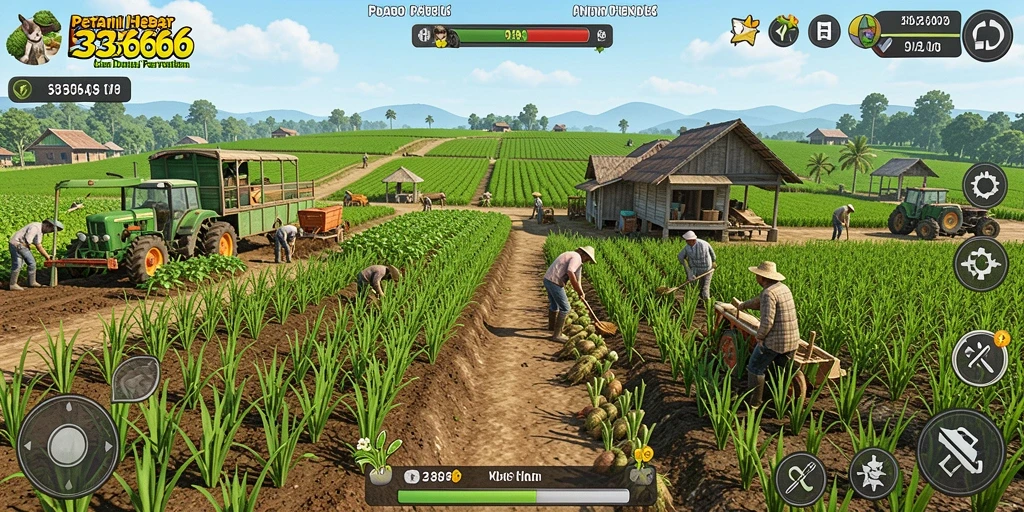 Screenshot dari gameplay 333666 yang menampilkan kebun yang subur.