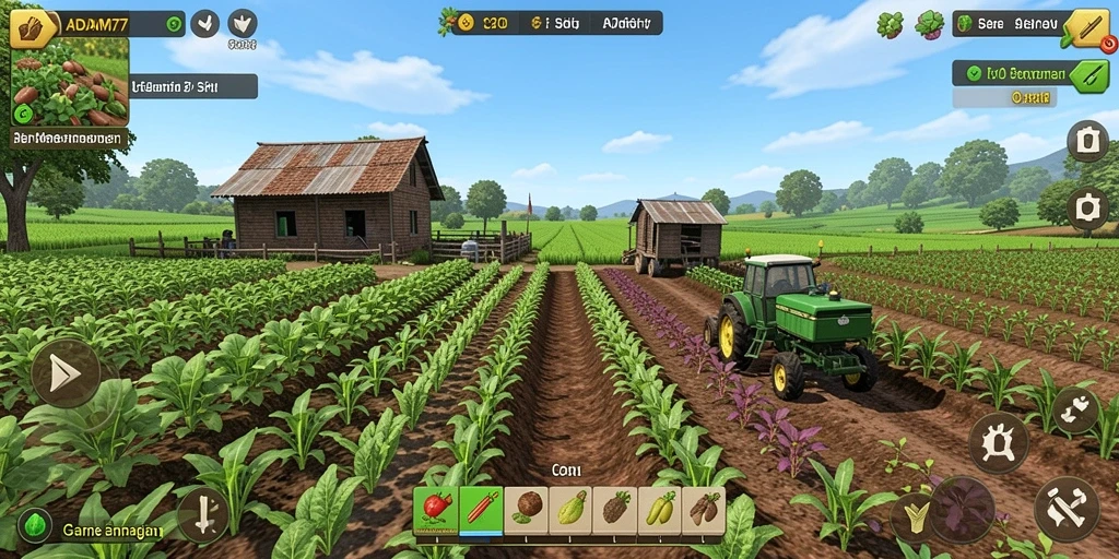 Tampilan gameplay ADAM77 dengan ladang hijau subur.