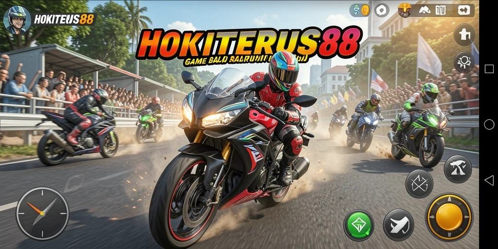 Tampilan gameplay HOKITERUS88 dengan aksi balap motor yang cepat.