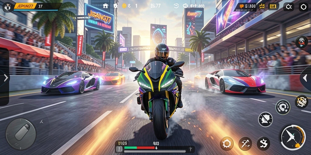 Tampilan gameplay menegangkan dalam balapan motor di JEPANG77.