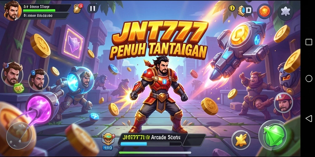 Tampilan gameplay JNT777 yang menegangkan dan penuh warna dari level arcade.