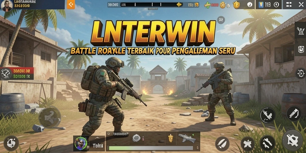 Screenshot LNTERWIN menampilkan karakter bertempur di medan perang Battle Royale.