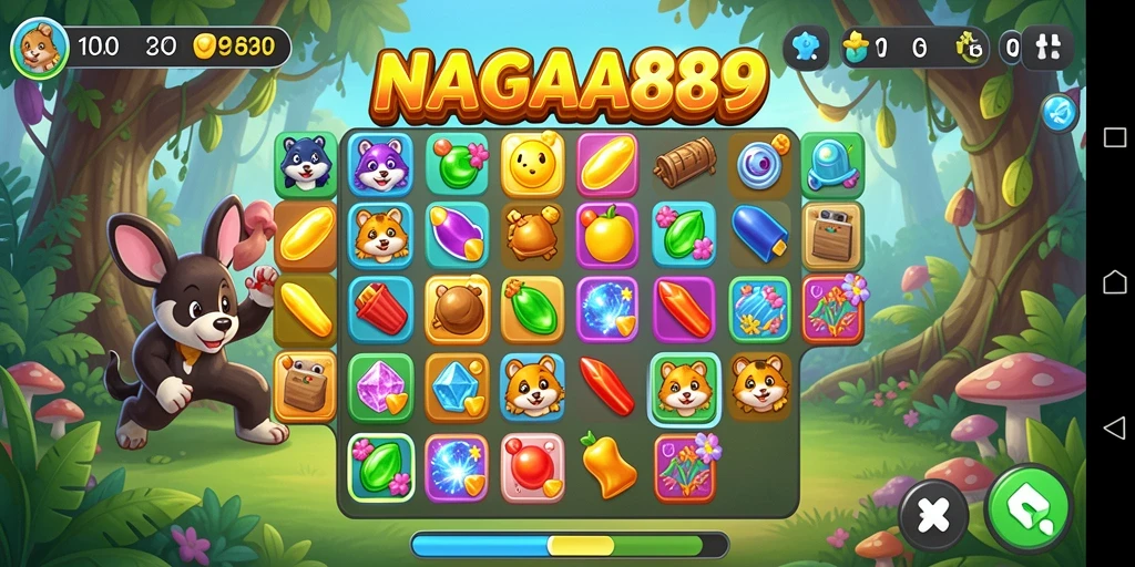 Tampilan screenshot NAGA889 menampilkan gameplay seru saat mencocokkan permata.