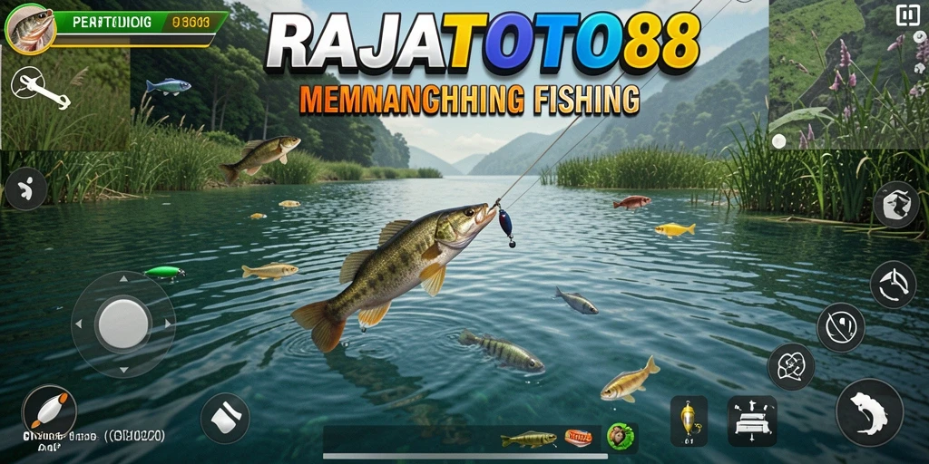 Tampilan gameplay RAJATOTO88 dengan aksi menangkap ikan yang seru.